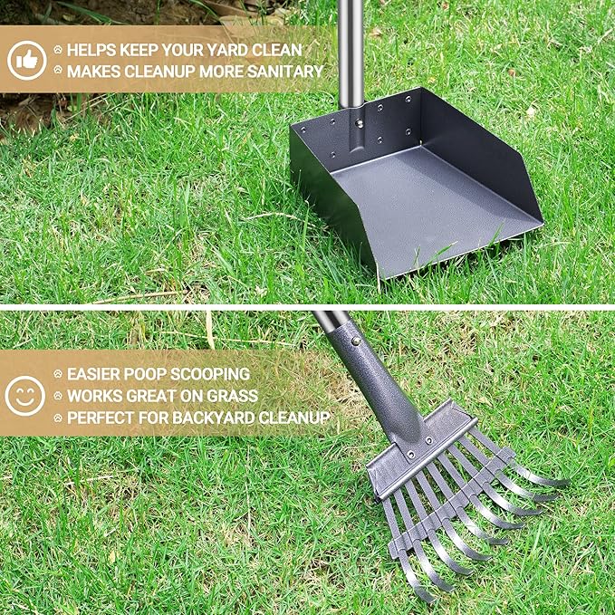 Heeyoo Dog Pooper Scooper, Dog Poop Tray and Rake Set, Pet Waste Removal Scoop with Long Adjustable Sectional Stainless Handles-Mewly Pet
