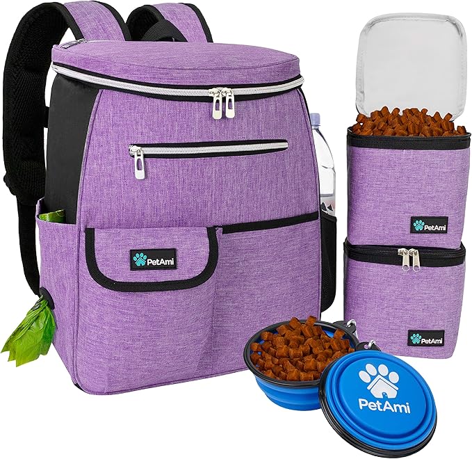 PetAmi Dog Travel Bag Backpack, Airline Approved Dog Bags for Traveling, Puppy Diaper Bag Supplies, Pet Camping Essentials Hiking Accessories Dog Mom Gift, Food Container, Collapsible Bowls, Purple-Mewly Pet