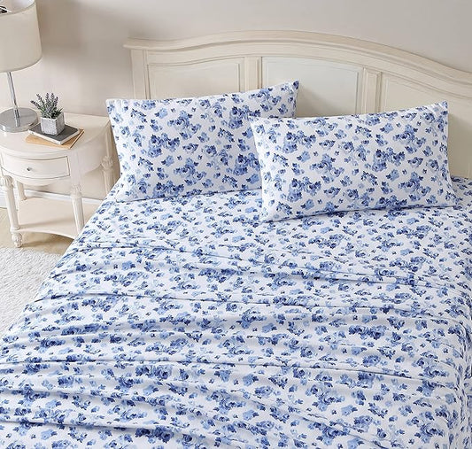 Laura Ashley - Flannel Sheets Queen Size, Anti-Pilling & Wrinkle Resistant Cotton, Touchably Soft for All-Season Comfort - Bed Sheets with Matching Pillowcases & Fitted Sheet (Emelisa Blue)