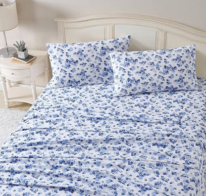 Laura Ashley - Flannel Sheets Full Size, Anti-Pilling & Wrinkle Resistant Cotton, Touchably Soft for All-Season Comfort - Bed Sheets with Matching Pillowcases & Fitted Sheet (Emelisa Blue)