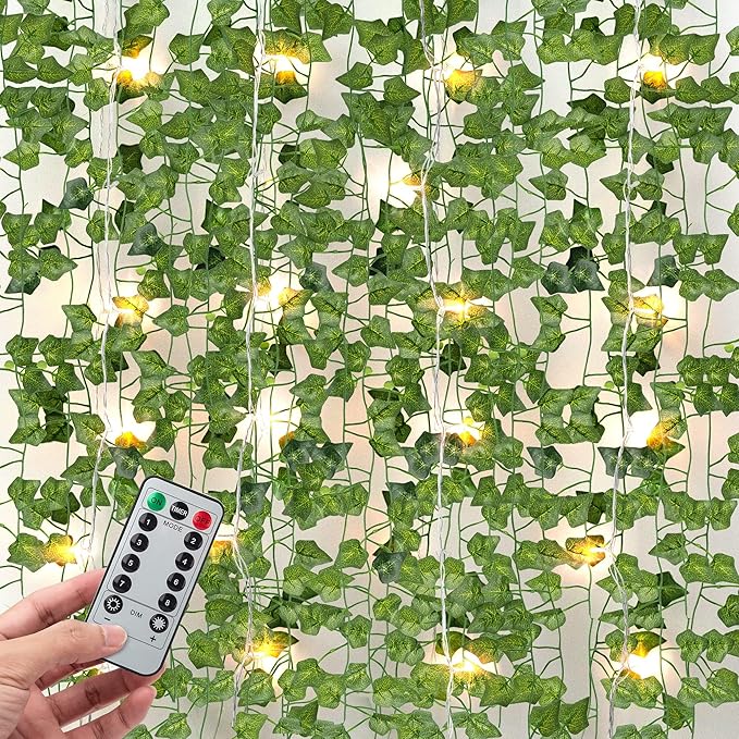 JACKYLED 24 Pack Artificial Ivy Vines with 200 LED String Light, Fake Plants Hanging Garland for Wall Room Bedroom Garden Office Wedding Party