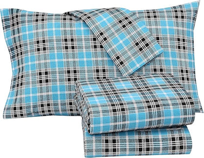 RUVANTI Flannel Sheets Full Size - 100% Cotton Double Brushed Bed Sheets Set, Deep Pockets 16 Inches, All Seasons Breathable & Extra Soft Full Sheets, Warm & Cozy, 4 Piece, Teal Plaid