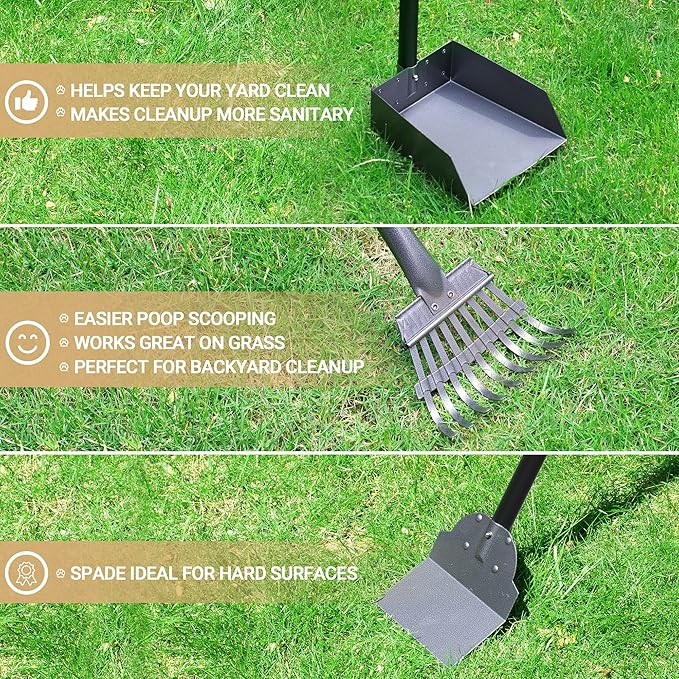 Heeyoo Dog Pooper Scooper, Dog Poop Tray and Rake Set, Pet Waste Removal Scoop with Long Adjustable Sectional Stainless Handles-Mewly Pet