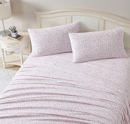 Laura Ashley - Flannel Sheets King Size, Anti-Pilling & Wrinkle Resistant Cotton, Touchably Soft for All-Season Comfort - Bed Sheets with Matching Pillowcases & Fitted Sheet (Paisley Prance Pink)