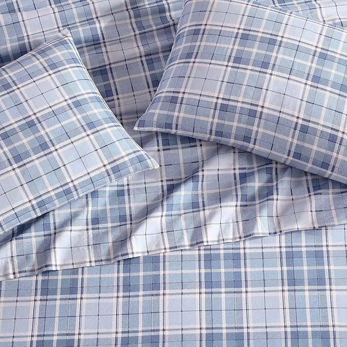 Laura Ashley - Flannel Sheets King Size, Anti-Pilling & Wrinkle Resistant Cotton, Touchably Soft for All-Season Comfort - Bed Sheets with Matching Pillowcases & Fitted Sheet (Mulholland Plaid Blue)