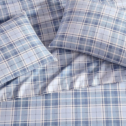 Laura Ashley - Flannel Sheets Full Size, Anti-Pilling & Wrinkle Resistant Cotton, Touchably Soft for All-Season Comfort - Bed Sheets with Matching Pillowcases & Fitted Sheet (Mulholland Plaid Blue)