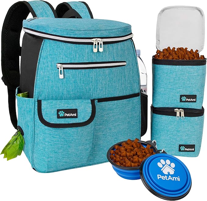 PetAmi Dog Travel Bag Backpack, Airline Approved Dog Bags for Traveling, Puppy Diaper Bag Supplies, Pet Camping Essentials Hiking Accessories Dog Mom Gift, Food Container, Collapsible Bowls, Teal Blue-Mewly Pet