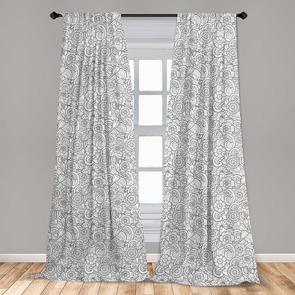 Ambesonne Black and White Window Curtains, Paisley Design with Sketch Style Flowers Leaves on Monochrome Background, Decor 2-Panel Set with Rod Pocket, Pair of - 28" x 95", White and Charcoal