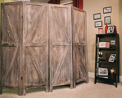 Premium Home 4-Panel Room Divider – Rustic Brown Barn Door, K Pattern Folding Privacy Screen, Partition Wall