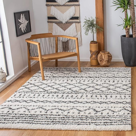 SAFAVIEH Arizona Shag Collection Area Rug - 5'1" x 7'6", Ivory & Black, Moroccan Design, Non-Shedding & Easy Care, 1.6-inch Thick Ideal for High Traffic Areas in Living Room, Bedroom (ASG741Z)