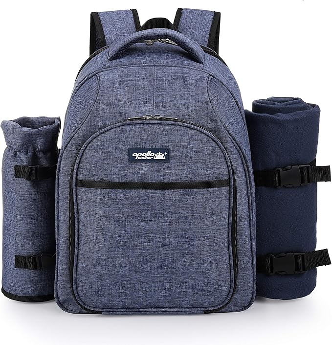 Apollo Walker Picnic Backpack Bag for 2 Person with Cooler Compartment, Detachable Bottle/Wine Holder, Fleece Blanket, Plates and Cutlery Set (2 Person, Navy)-Mewly Pet