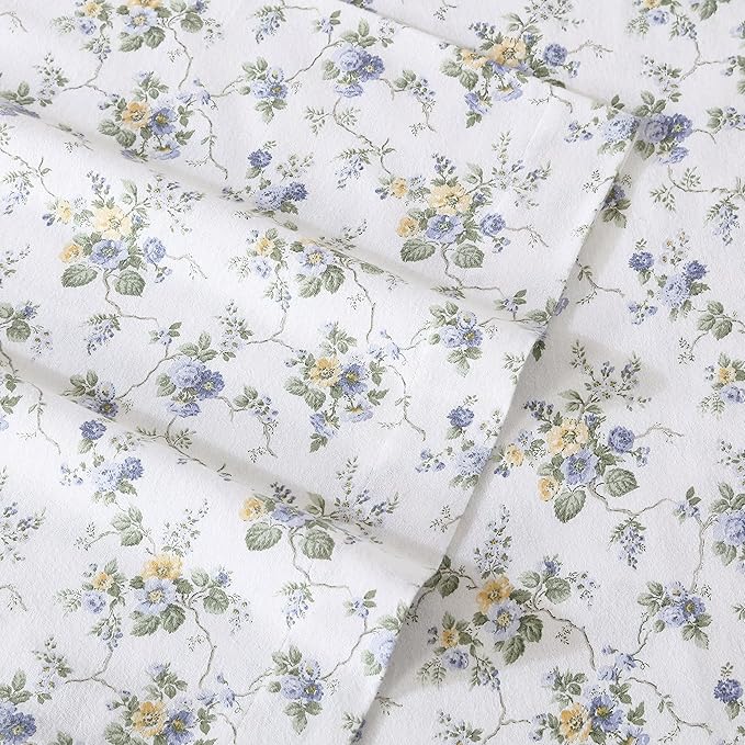Laura Ashley - Flannel Sheets Queen Size, Anti-Pilling & Wrinkle Resistant Cotton, Touchably Soft for All-Season Comfort - Bed Sheets with Matching Pillowcases & Fitted Sheet (Le Fleur Cottage Blue)