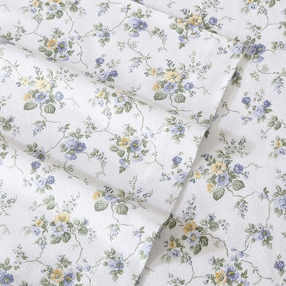 Laura Ashley - Flannel Sheets Full Size, Anti-Pilling & Wrinkle Resistant Cotton, Touchably Soft for All-Season Comfort - Bed Sheets with Matching Pillowcases & Fitted Sheet (Le Fleur Cottage Blue)