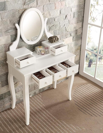 Roundhill Furniture Ashley Wood Make-Up Vanity Table and Stool Set, White