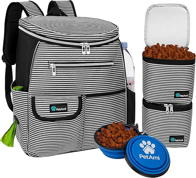PetAmi Dog Travel Bag Backpack, Airline Approved Dog Bags for Traveling, Puppy Diaper Bag Supplies, Pet Camping Essentials Hiking Accessories Dog Gift, Food Container, Collapsible Bowls, Stripe Black-Mewly Pet