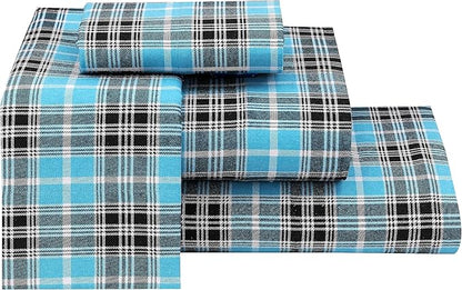 RUVANTI Flannel Sheets Queen Size - 100% Cotton Double Brushed Bed Sheets, Deep Pockets 16 Inches Queen Sheet Set, All Seasons Breathable & Extra Soft - Warm & Cozy, 4 Piece, Teal Plaid