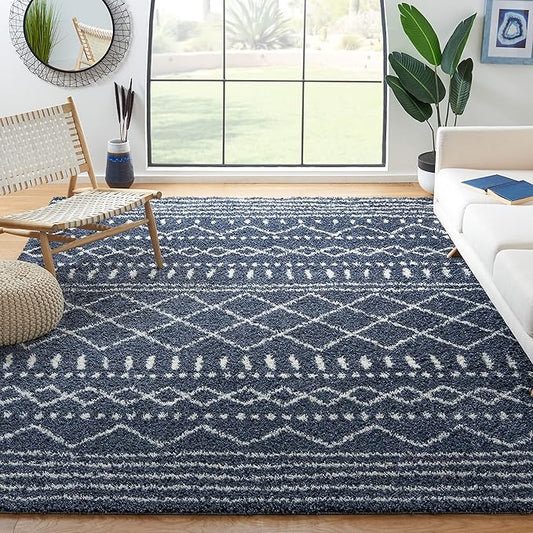 SAFAVIEH Arizona Shag Collection Area Rug - 9' x 12', Slate Blue & Ivory, Moroccan Design, Non-Shedding & Easy Care, 1.6-inch Thick Ideal for High Traffic Areas in Living Room, Bedroom (ASG741L)