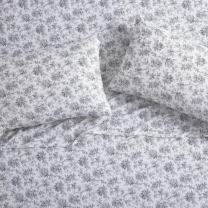 Laura Ashley - Flannel Sheets King Size, Anti-Pilling & Wrinkle Resistant Cotton, Touchably Soft for All-Season Comfort - Bed Sheets with Matching Pillowcases & Fitted Sheet (Faye Toile Black)