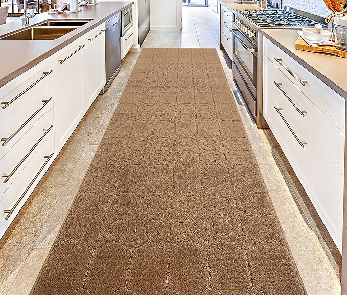 Custom Size Modern Abstract Floor Carpet Runner Rug for Hallways, Slip Resistant Latex Rubber Backed, 31 inch Wide X Customized Length, Art Gold Tan, 31 inch X 32 feet