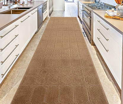Custom Size Modern Abstract Floor Carpet Runner Rug for Hallways, Slip Resistant Latex Rubber Backed, 31 inch Wide X Customized Length, Art Gold Tan, 31 inch X 34 feet