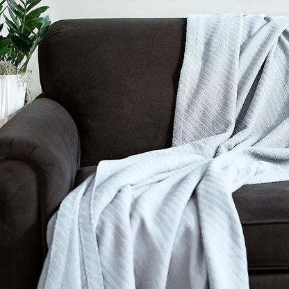 COTTON CRAFT Soft Cotton Thermal Blanket - Plush Herringbone Twill- All Season Luxurious Breathable Skin Friendly Lightweight Cooling Throw Blanket -Sofa Couch Travel Camping Dorm- Full Queen Sky Blue