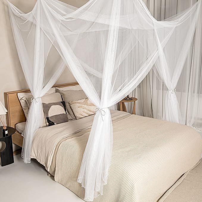 Mosquito Net for Single to King-Sized Beds – 4 Side Openings & 6 Hanging Loops – Decorative Rectangular Shape for Home & Travel – Bed Canopy Hanging Kit & Carrying Bag Included