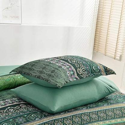 Boho Green Comforter Set Queen Size,8 Piece Bed in a Bag Bohemian Striped Bedding Quilt Set,Dark green Paisley Floral Comforter and Sheet Set,Soft Microfiber Complete Bedding Sets for All Season