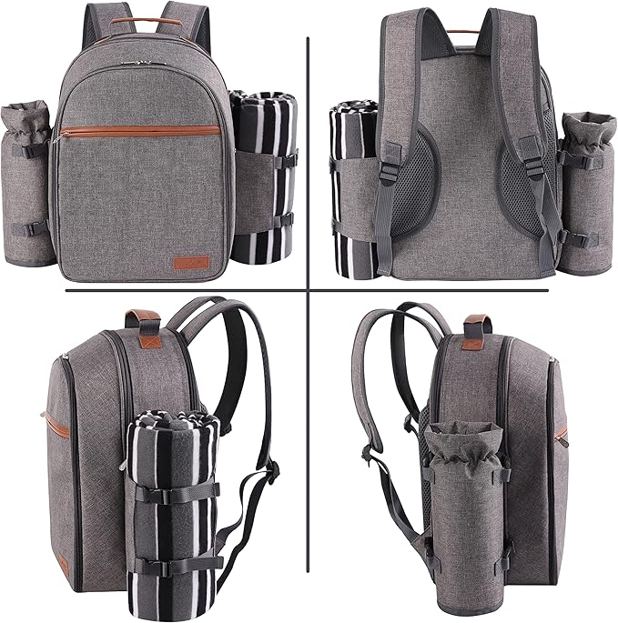 Apollo Walker Picnic Backpack Set for 2 Person with Cooler Compartment, Detachable Bottle/Wine Holder, Fleece Blanket, Plates and Cutlery Set-Mewly Pet