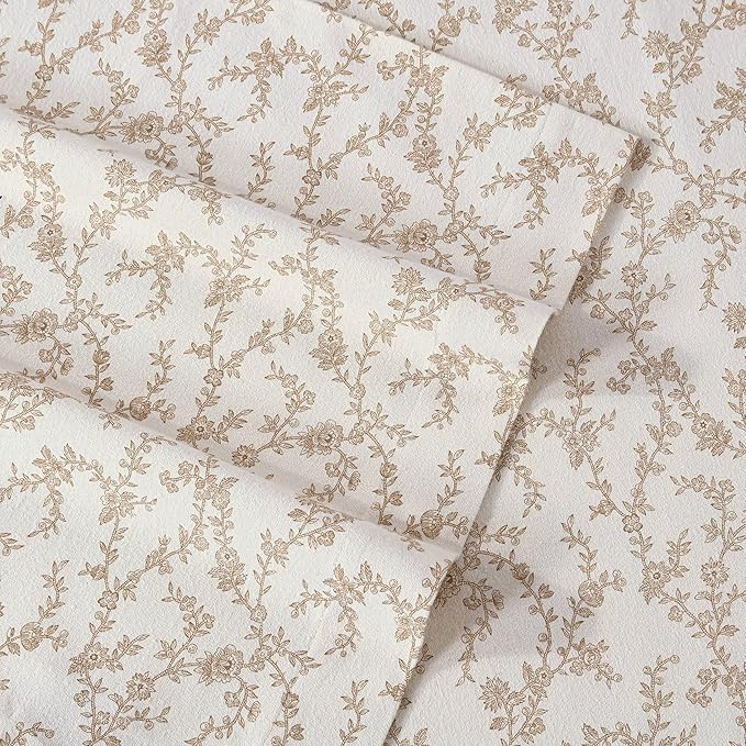 Laura Ashley - Flannel Sheets King Size, Anti-Pilling & Wrinkle Resistant Cotton, Touchably Soft for All-Season Comfort - Bed Sheets with Matching Pillowcases & Fitted Sheet (Victoria Beige)