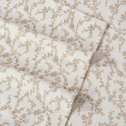 Laura Ashley - Flannel Sheets King Size, Anti-Pilling & Wrinkle Resistant Cotton, Touchably Soft for All-Season Comfort - Bed Sheets with Matching Pillowcases & Fitted Sheet (Victoria Beige)