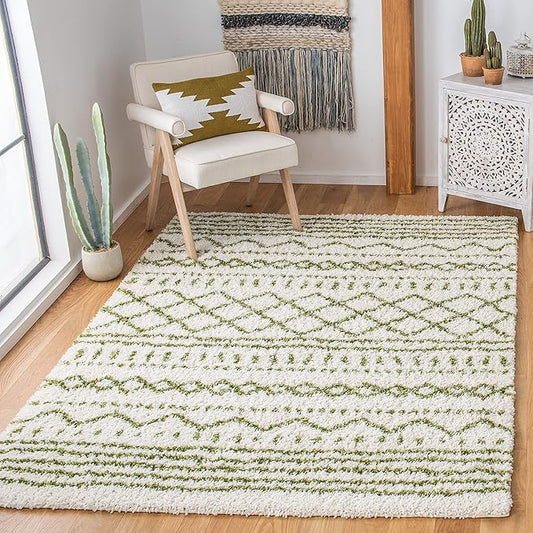 SAFAVIEH Arizona Shag Collection Area Rug - 5'1" Square, Ivory & Green, Moroccan Design, Non-Shedding & Easy Care, 1.6-inch Thick, Ideal for The Living Room, Dining, Bedroom (ASG741Y)