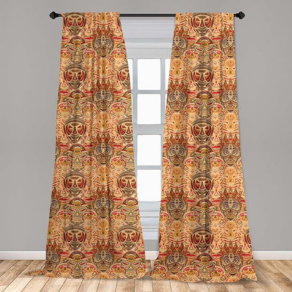 Ambesonne African Curtains, Motif with Pattern Design, Window Treatments 2 Panel Set for Living Room Bedroom, Pair of - 28" x 63", Brown Orange