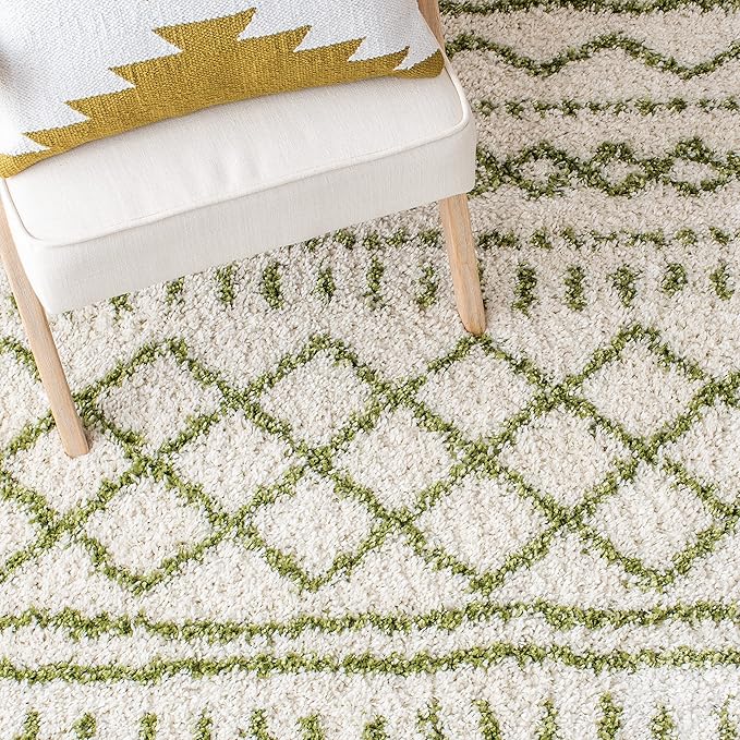 SAFAVIEH Arizona Shag Collection Runner Rug - 2'3" x 10', Ivory & Green, Moroccan Design, Non-Shedding & Easy Care, 1.6-inch Thick, Ideal for The Living Room, Bedroom, Dining Room (ASG741Y-210)
