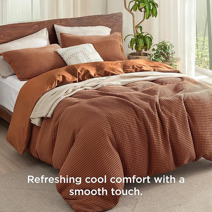 Bedsure Cooling Waffle Duvet Cover King - Cotton Blend Rayon Derived from Bamboo Duvet Cover Set for Hot Sleepers, Breathable Bedding Set with a Vintage Charm, 3 Pieces (Burnt Orange, King, 104"x90")