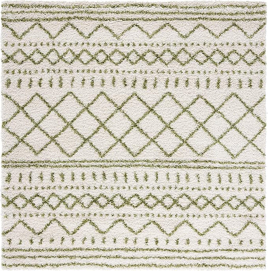 SAFAVIEH Arizona Shag Collection Accent Rug - 3'2" Square, Ivory & Green, Moroccan Design, Non-Shedding & Easy Care, 1.6-inch Thick, Ideal for The Living Room, Dining, Bedroom (ASG741Y)