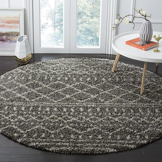 SAFAVIEH Arizona Shag Collection 8' Round Brown / Ivory ASG741B Moroccan Non-Shedding Living Room Bedroom Dining Room Entryway Plush 1.6-inch Thick Area Rug