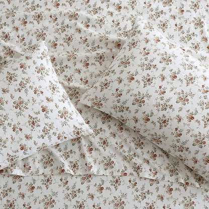 Laura Ashley - Flannel Sheets Queen Size, Anti-Pilling & Wrinkle Resistant Cotton, Touchably Soft for All-Season Comfort - Bed Sheets with Matching Pillowcases & Fitted Sheet (Le Fleur Orange)