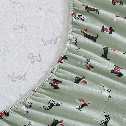 Laura Ashley - Flannel Sheets Queen Size, Anti-Pilling & Wrinkle Resistant Cotton, Touchably Soft for All-Season Comfort - Bed Sheets with Matching Pillowcases & Fitted Sheet (Holiday Pups Green)