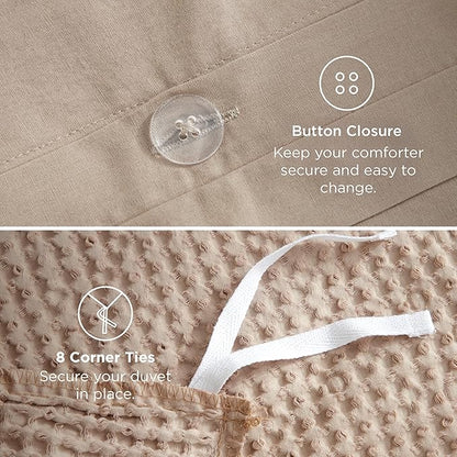 Bedsure 100% Cotton Duvet Cover King Size with Fitted Sheet - 4 Pieces Khaki Waffle Weave Bedding Set, GentleSoft™ and Breathable, Includes 1 Duvet Cover 104x90, 1 Fitted Sheet, 2 Pillow Shams