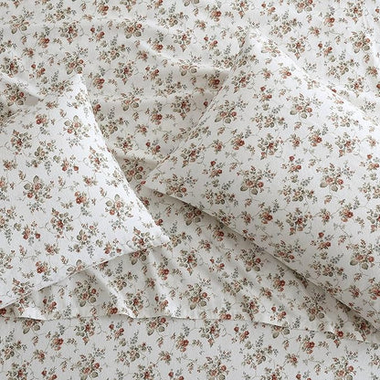 Laura Ashley - Flannel Sheets King Size, Anti-Pilling & Wrinkle Resistant Cotton, Touchably Soft for All-Season Comfort - Bed Sheets with Matching Pillowcases & Fitted Sheet (Le Fleur Orange)