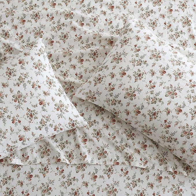 Laura Ashley - Flannel Sheets Full Size, Anti-Pilling & Wrinkle Resistant Cotton, Touchably Soft for All-Season Comfort - Bed Sheets with Matching Pillowcases & Fitted Sheet (Le Fleur Orange)